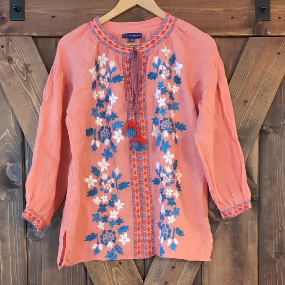 Ro's Garden Coral Pink Boho Neck Tie Blouse with Blue Embroidery - Picture 1 of 10